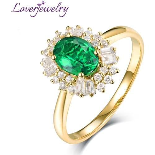LOVERJEWELRY Natural Diamond Real 14K Yellow Gold Oval Emerald Rings Luxury Jewelry 0.8ct Good Quality Gemstone For Girl Ring