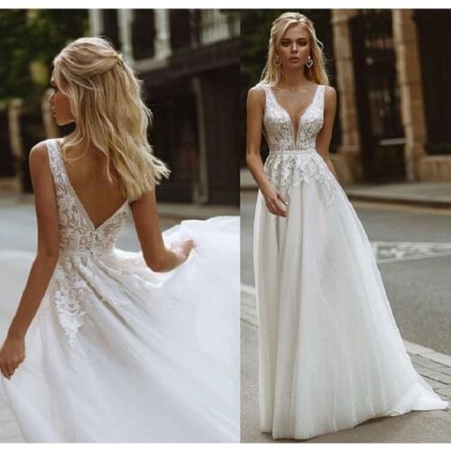 Sexy Lace A Line Wedding Dress For Women 2021 robe de mariée Deep V Neck Open Back Wedding Gowns Summer Elegant Bridal Dresses