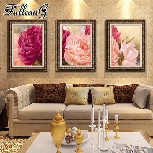 FULLCANG 5d diy diamond embroidery sale peony blossoms flower diamond painting triptych full square round drill decor FC3322
