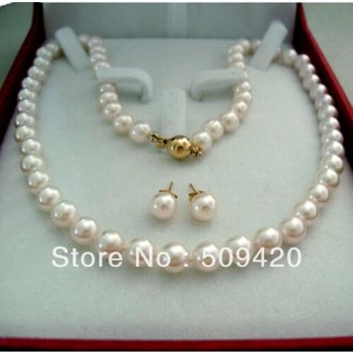 Free Shipping>>>8-9MM White Freshwater PEARL NECKLACE+ EARRING 18"no box