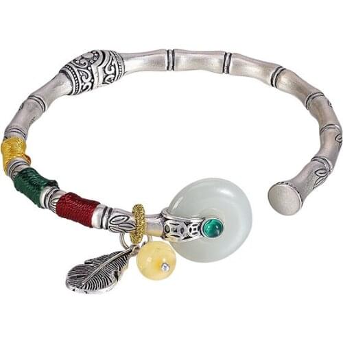 SA SILVERAGE S925 Sterling Silver Hetian Jade Retro Personality Safety Clasp Hand Woven Rope Womens Open Bracelet Bracelet