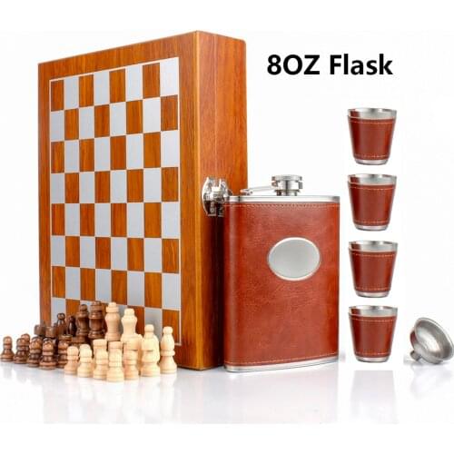 Wooden Chess 8OZ Stainless Steel Leather Hip Flask Set with Funnel and 4 Cups Gift Box Gifts for For Children Men Flasks Liquor