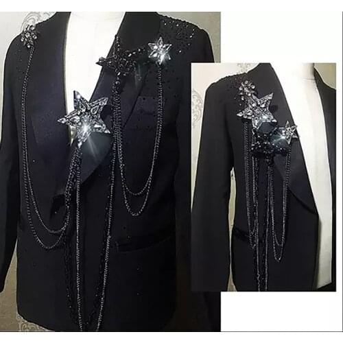 Beautiful Rhinestone Pentagram Extra Long Handmade Fashion Shoulder Board Badges Cloth Metal Epaulette Has a brooch buckle