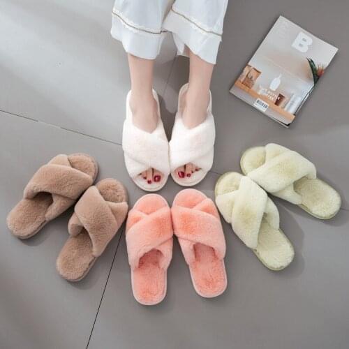FZNYL Indoor Colorful Plush Cross Women Slippers Simple Warm Flat Cotton Home Winter Bedroom Fur Slides for Women