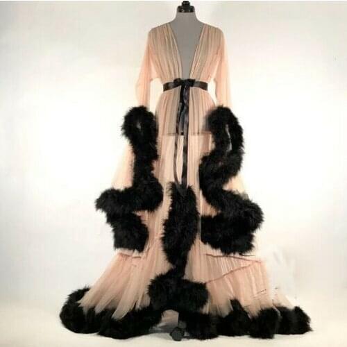 Luxury Sexy Lace Night Robe Women Kimono Night Maxi Dress Gown Mesh Long Sleeve Fur Babydoll Party Sleepwear Nightgrown Robes