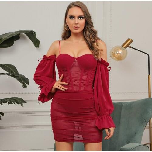 Red Sexy Spaghetti Strap Mesh Long Sleeve Women Mini Party Dress Nightclub Vestidos Transparent Bodycon Summer Femme Robe BH7204