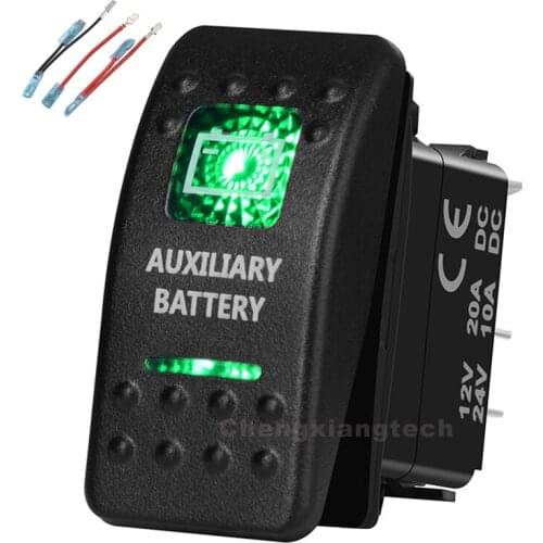 Green Led Printed Rocker Switch Auxiliary Battery 5P on-off SPST 12V/20A 24V/10A+Jumper Wires Set for Car Boat Trucks Waterproof