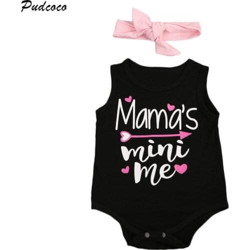 Pudcoco Summer Letters Printed Baby Girls Bodysuit Newborn Kids Baby Girls Sleeveless Cotton Bodysuit + Headband Girls Clothes