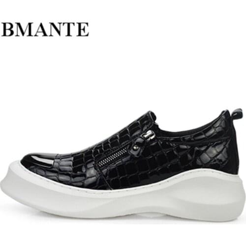 Bmante New Men Shoes Genuine Leather Zipper Slip-on Crocodile Pattern Trainers Male Adult Sneakers Platform High Street Owen