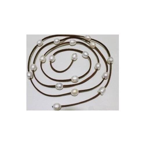 New Handmade Pearl Jewelry 96'' Dark Brown Leather Long Necklace White Freshwater Pearl Necklace 10x12mm Womens Gift