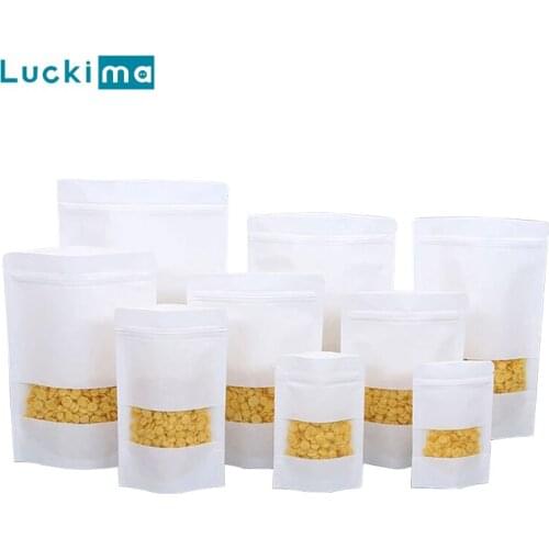 White Kraft Paper Bags 50/100Pcs Storage Bag Window Zip Lock Empty Dried Food Fruit Tea Gift Package Sealing Zipper Stand Up Bag