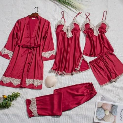 New Pajamas Set Women Pajamas 5 Pieces Set Satin Sleepwear Pijama Silk Home Wear Embroidery Sleep Lounge Pyjama with Chest Pads