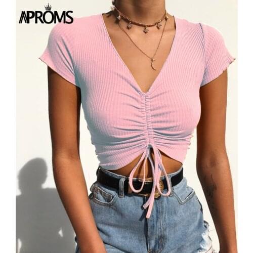 Aproms Sexy V Neck Cropped Tank Tops Women Drawstring Tie Up Front Camis Candy Colors Streetwear Slim Fit Ribbed Crop Top 2020