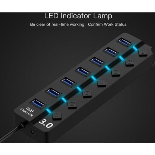 Powered USB 3.0 Hub USB Data Splitter Individual Switches USB Expander Plug Play Computer Accessories for Laptop PC