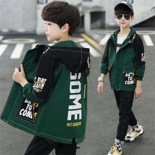 Spring Autumn Jacket For Boy Fashion Childrens Outerwear Patchwork Letters Print Trench Coat Hooded Handsome Teenager Clothes
