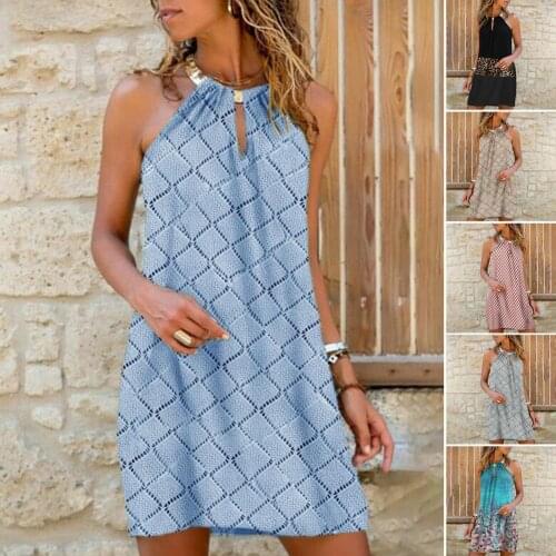 Women Dress Solid Color Check Plaid Halter Sleeveless Leopard Patchwork Loose Mini Dress for Travel