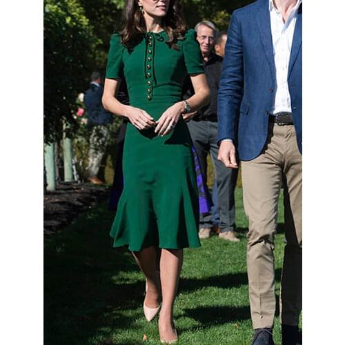 Princess Kate Middleton Summer Womens Workplace Office Pure Color Fashion Casual Party Elegant High Quality Mermaid Green Dress