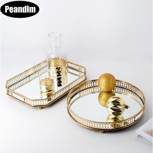 PEANDIM Nordic Gold Hollow Storage Tray Cake Stand Cosmetics Storage Glass Mirror Tray For Wedding Table Centerpieces Home Decor