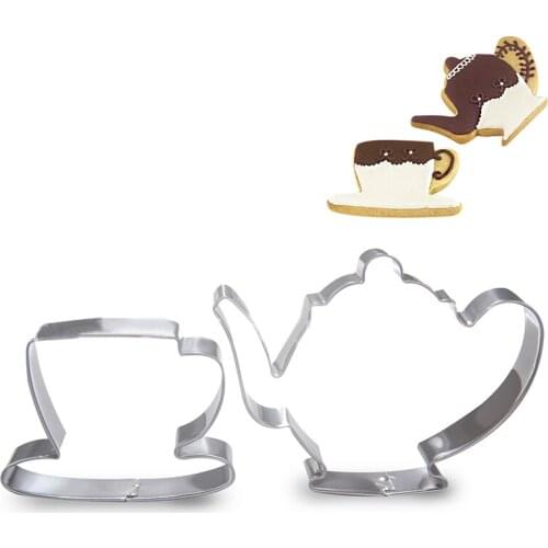 2pcs/Set Teapot Teacup Shape Set Stainless Steel Cookie Biscuits Cutter Mini Cake Mousse Mold Kitchen Baking Mould Tools