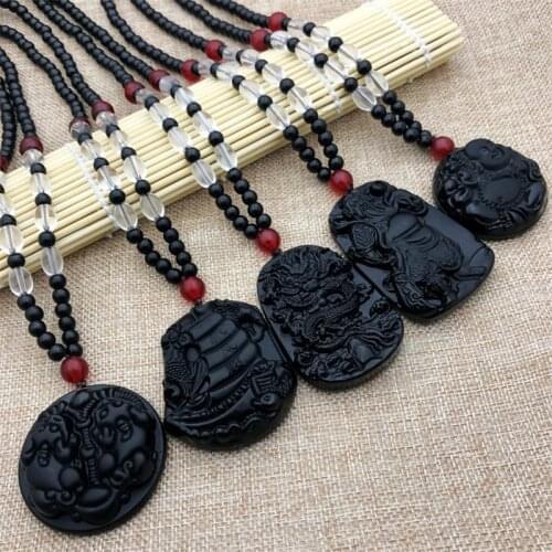 2021 Natural Black Obsidian Dragon Drop Pendant Amulet Lucky Pixiu Maitreya Auspicious Necklace Jewelry for Women Men