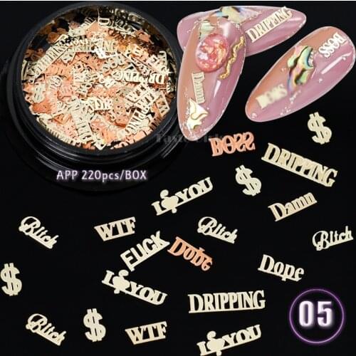 220PCS/Jar Mix Various Tiny Pop English Words Sexy YES Snowflake Xmas Thin Metal Sequins Alloy Nail Art Slice Chip Decorations