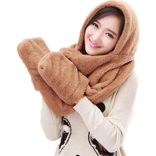 3 In 1 Women Winter Warm Soft Hood Scarf Snood Pocket Hats Gloves Fashion Hooded Srarves Scarf Hat Glove 3 Piece Sets
