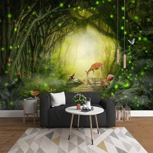 3D Photo Wallpaper Mural Living Room Children Room Bedroom Beautiful Scenery Big Tree Green Forest Elk Wall Decoration Painting