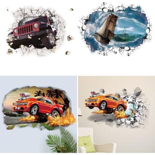 3D Super Off-road Vehicle Wall Stickers Broken Wall Poster Art Car Decal Kids Room Decoration Sticker Boys Favors