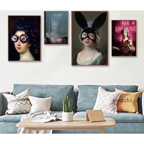 Funny Rabbit Ears Lady Abstract Creative Poster Alien Helmet Canvas Painting Modern Wall Art Pictures for Living Room Home Decor