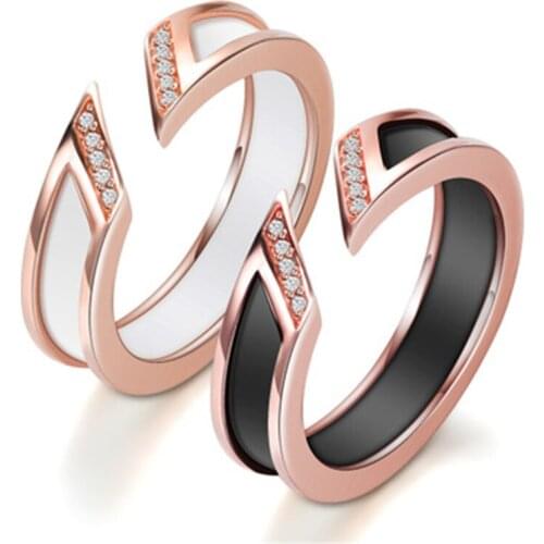 White Ceramic Ring with AAA Zircon Setting Rose-gold Metal Wedding Open Ring Mens Rings Punk Gifts for Men Stainless Steel