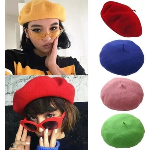 2021 New Fashion Beret Ladies Bonnet Hats Spring Winter Cap Women Wool Vintage Berets Solid Color Caps Female Warm Walking Hat