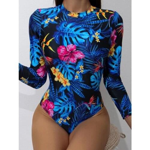 One Piece Swimsuit 2021 Long Sleeve Swimwear Women Swimsuit Backless Flower Bikinis Printed Bathing Suit Beachwear Monokini