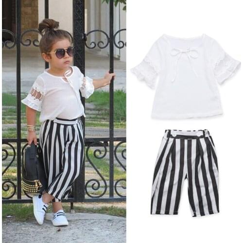 Childrens Clothing Fashion Girls Shirt Tops+Striped Pants Suits 2019 Kids Clothing 2Pcs Rorychen Summer Girls Clothes Sets