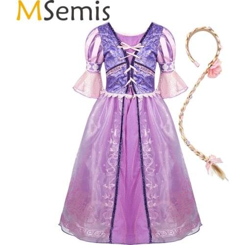 Princess Dress Kids Girls Short Puff Sleeves Glittery Fairy Tale Princess Costume Cosplay Party Fancy Dress With Long Braid Set