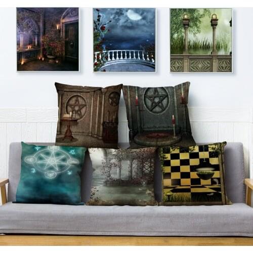 Gothic Style Magic Scenic Print Cushion Cover Beige Linen Pillowcase 45*45 Square Throw Pillows Covers Home Decor Pillow Case