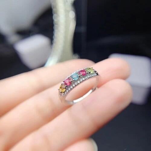 Natural Tourmaline Ring for Office Woman 5 Pieces 3mm Multi-color Tourmaline Silver Ring 925 Silver Tourmaline Jewelry
