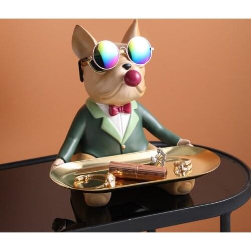 Cool Dog Figurine Holder Tray Home Decoration Ornamental Resin Art Sculpture Figurines Home Decor Gift Decorative Bulldog Statue