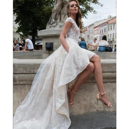 Scoop Neck Lace Sexy Backless High Low Prom Dresses Cap Sleeves Sheer Bodice Design Whole 2021 robes de cocktail