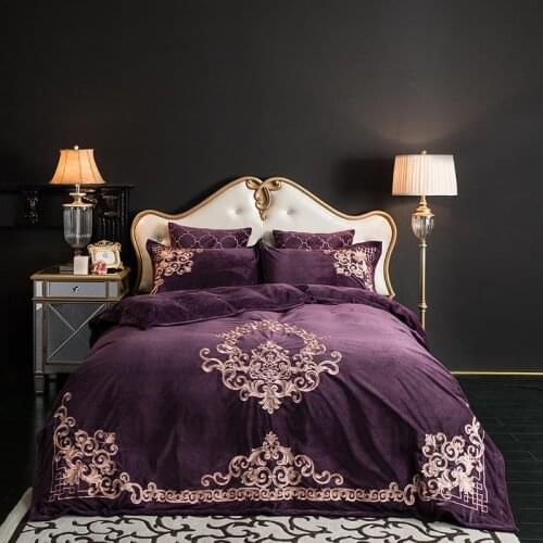 New Purple Red Blue Luxury Embroidery Fleece Fabric European Bedding Set Velvet Flannel Duvet Cover Bed sheet/Linen Pillowcases