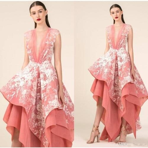 2020 New Pink Prom Dresses High Low Ruffles Lace Appliqued Evening Gowns A Line Formal Dress Vestidos De Festa