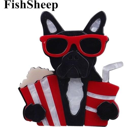 FishSheep New Acrylic Movie Dog Brooches Pins For Women Lovely Animal Bulldog With Popcorn Cola Big Brooch Jewelry Collections