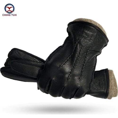 CHING YUN winter mens deerskin gloves buckskin mens warm and soft External suture mens black gloves 70% wool lining
