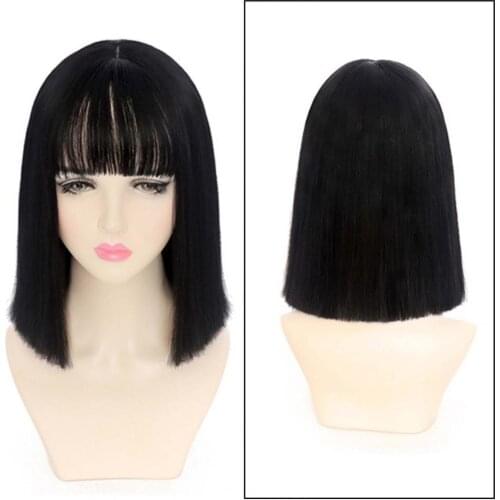 Jisheng Straight Wig Tight Natural Color High Temperature Fiber Short Straight Bob Wigs with Bang for Girl