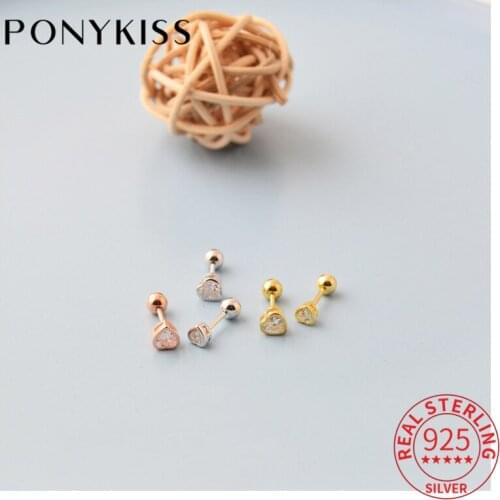 PONYKISS 1 PCS Real 925 Sterling Silver Heart Zircon Stud 14K Gold Earrings For Women Lovely Fine Jewelry Gift Drop Shipping
