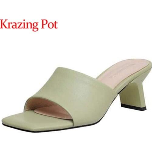 Krazing pot genuine leather square toe high heels solid sweetwear young lady sweet maiden energy outside slipper shoes women L01