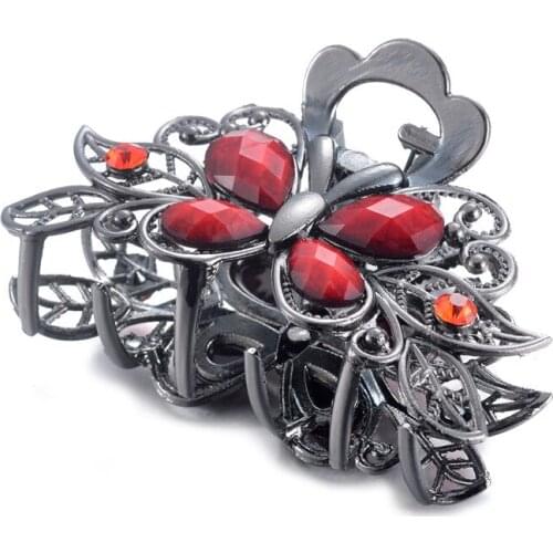 Ancient Red Color Big Hair Claw Clips Resin Crystal Flower Vintage Hair Clip Metal Hairpin Hair Accessories For Women Jewelry