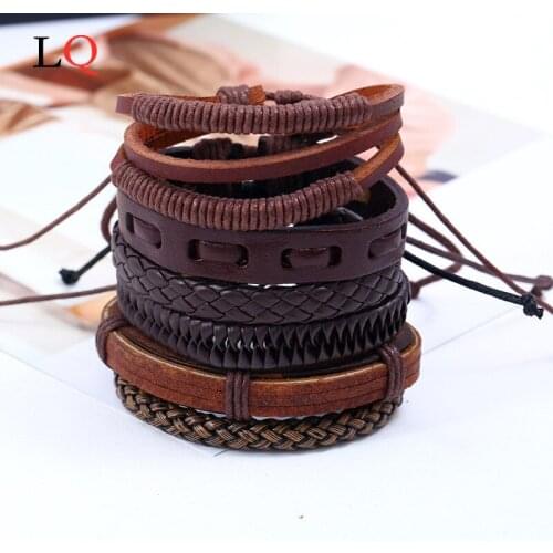 Vintage Handmade Braided Bracelets Set for Men Punk Rock Geometrice Hollow Wrap Leather Baclet Bangle Male Jewelry for Wholesale