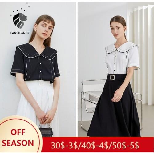 FANSILANEN Office Lady Retro Chiffon White Black Straight Shirt Summer 2021 Thin French Short-sleeved Design Niche Chic Tops