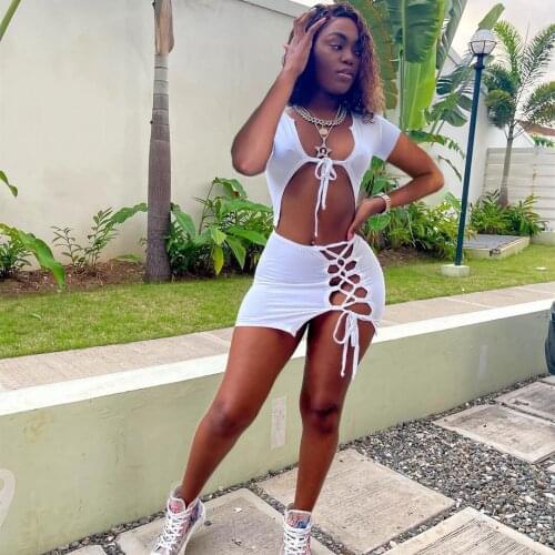 Woman Two Piece Set Solid Color V-Neck Hollow Set Tie Up Crop Top Mini Skirts Sexy Outfits 2021 Clubwear Beach Dress Suits