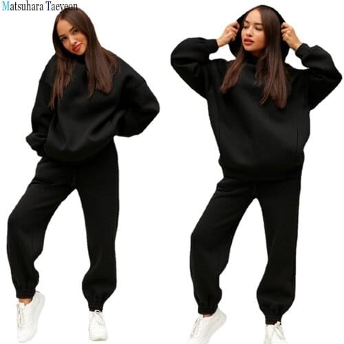 2021 Women fashion Spring Winter thick warm sweatshirt sets Casual Pockets Pullover hoodies